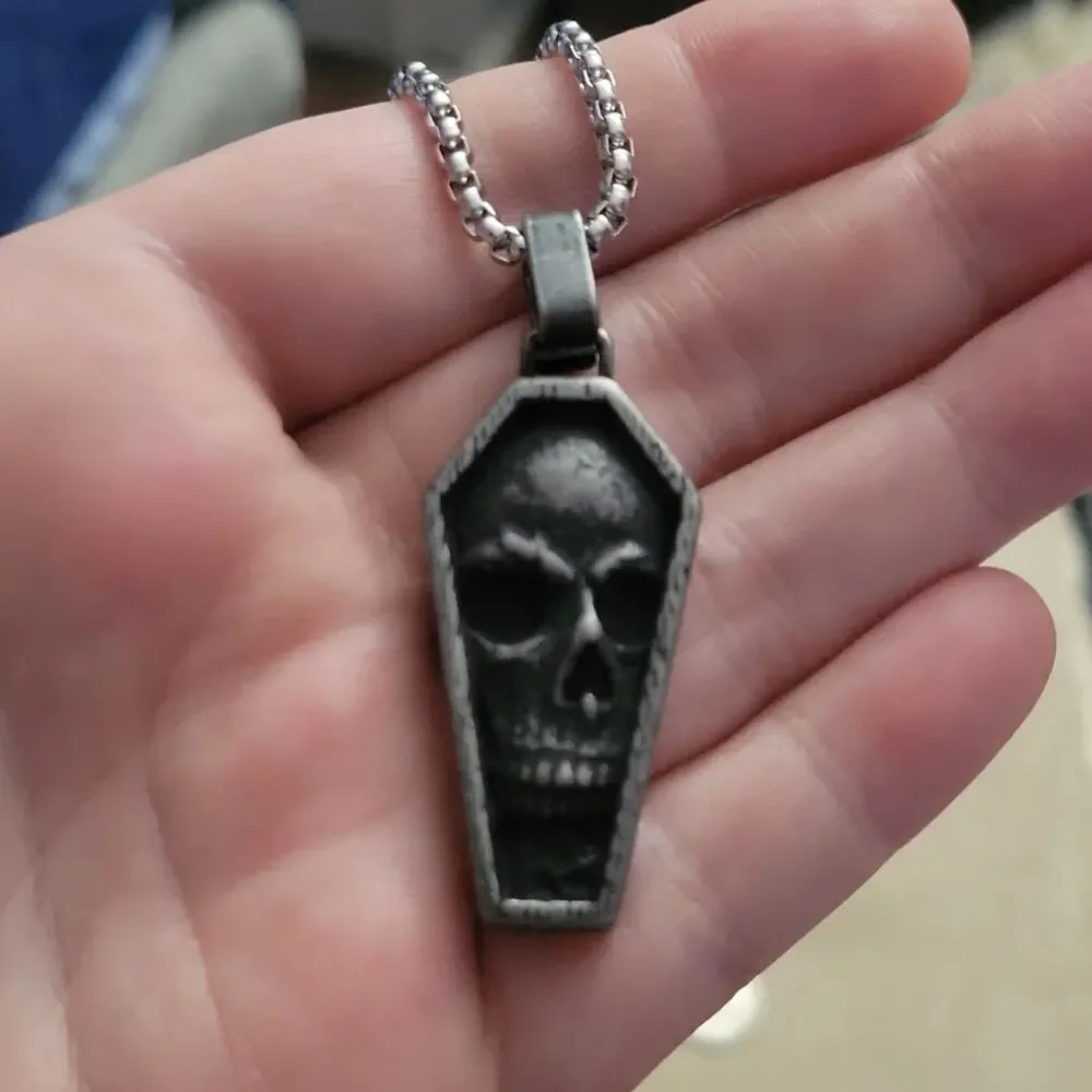 Men's 3D skull in coffin necklace